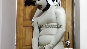 Zentai uncut pee drink coffee with biscuits and cum