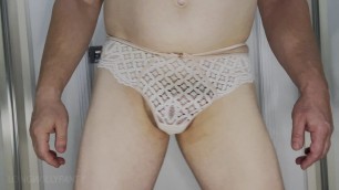 Straight guy wearing wifes white panties with his hard cock