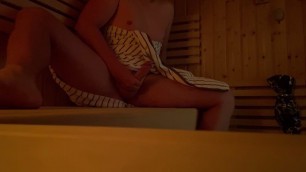 Caught jerking off in public sauna, huge cumshot
