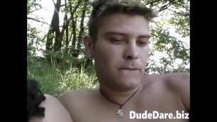 Sexy chaps sucking cocks and masturbating outdoors