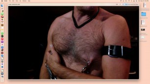Gay Nipple Daddy Pig clamps nips flexes and wanks