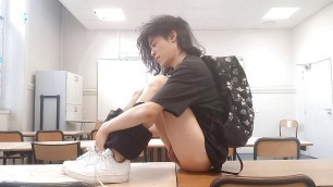 Hot striptease on teacher's desk, horny French-Asian student takes out his dick at school, jerks off in risky college classroom