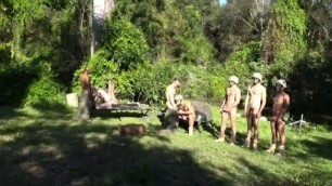 Gay military studs outdoor group sucking long dongs