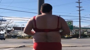 Ryan Geraghty Standing in the Busy intersection in just his Bra and Panties