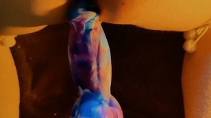 Femboy takes huge Bad Dragon dildo from behind